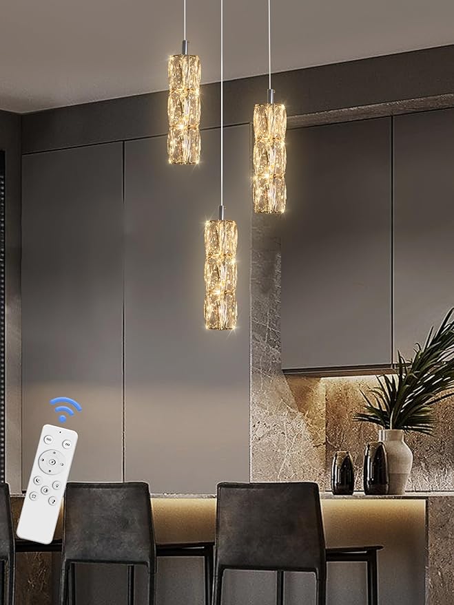 Pendant Lights Kitchen Island 3-Lights Silver Crystal Chandelier for Dining Room Hallway Stairwell,LED Dimmable 2700K-6000K