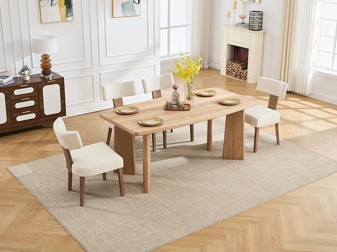 Wooden Dining Table Set of 4, Farmhouse Rectangular Dining Room Table with 4 Upholstered Beige Dining Room Chairs, Natural Frame, Modern Natural Kitchen Table and Linen Chairs Set for Home