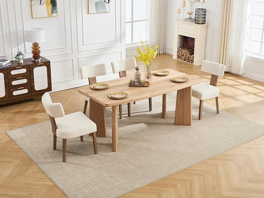 Wooden Dining Table Set of 4, Farmhouse Rectangular Dining Room Table with 4 Upholstered Beige Dining Room Chairs, Natural Frame, Modern Natural Kitchen Table and Linen Chairs Set for Home