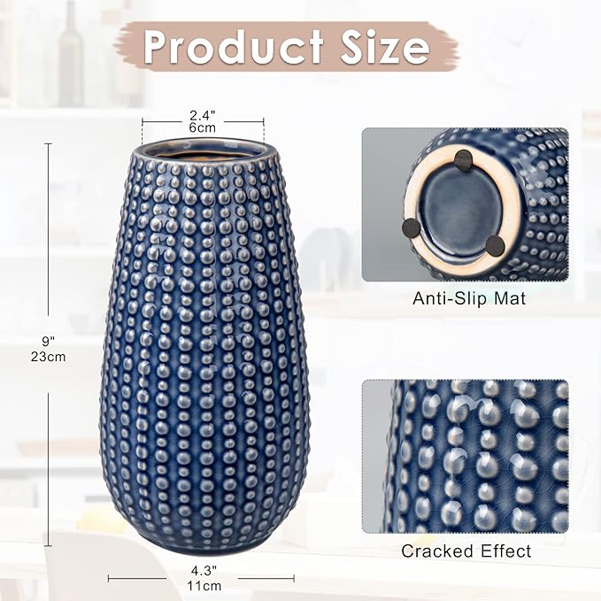 Blue Ceramic Vases for Flowers, Boho Flower Vase for Home Decor, Farmhouse Distressed Decorative Vases for Pampas Grass, Mantel, Shelf, Living Room, Table Decoration