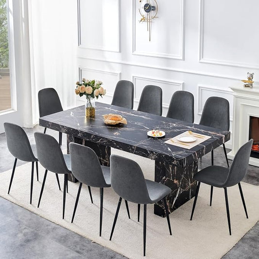79" Marble Dining Table Set｜Modern Dining Table Set with 10 Artifical Leather Chairs｜Engineered Wood with Marble Pattern Tabletop｜Widened and Stable Tablelegs｜Easy Assembly