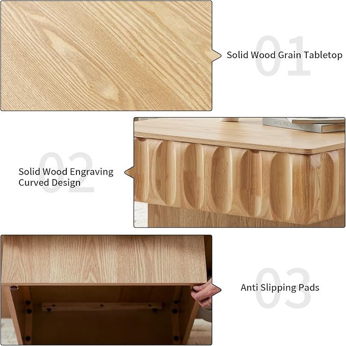 31" Lift Top Coffee Table for Living Room, Fluted Coffee Table with Hidden Storage, Mid Century Modern Solid Wood Veneer Square Center Table for Office Apartment Small Space, Natural