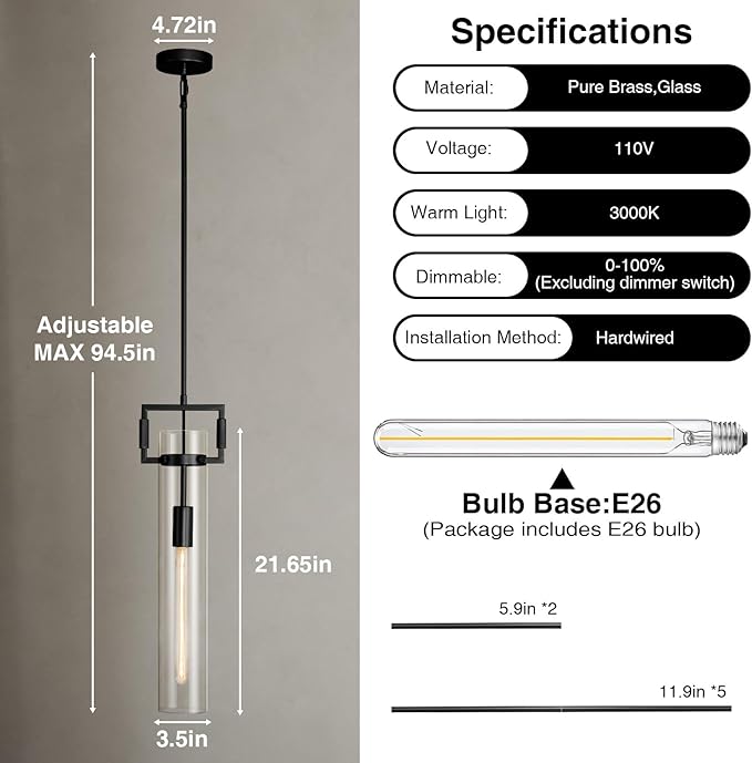 Modern Large Black Pendant Light Fixture 21.6 Inch - Adjustable Hanging Chandelier with Glass Shade & Brass Finish, Island Lighting for Kitchen, Dining Room, Bedroom, Bathroom