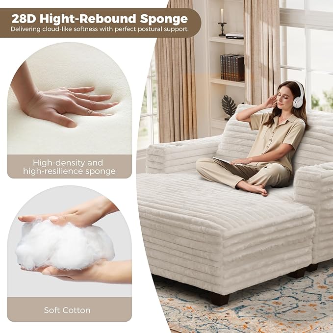 HUSFU 60'' Oversized Chaise Lounge Chair, Upholstered Sofa Bed, Sleeper Couch Reading Chairs with USB Port and Cup Holders,Comfy Cloud Sofas Couches for Living Room,Beige