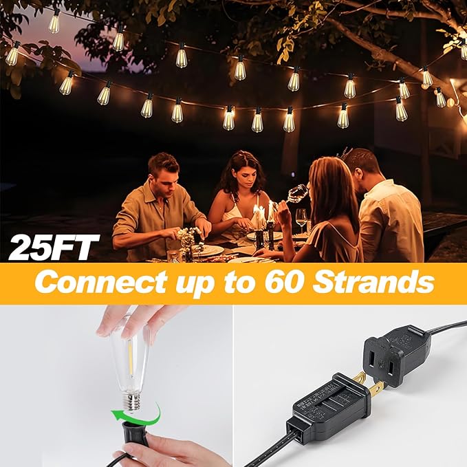 25 FT Outdoor String Lights with 13 Shatterproof Waterproof LED Edison Bulbs Connectable Hanging Patio Lights for Balcony Porch Bistro Garden Decor