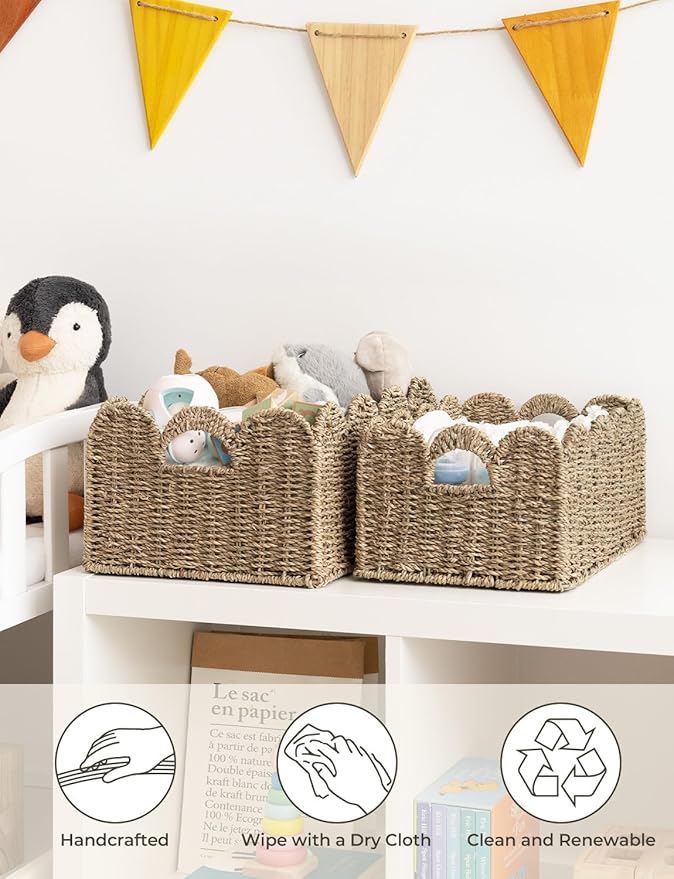 StorageWorks Scalloped Edge Wicker Basket, Hand-woven Rattan Baskets with Built-in Handles, Seagrass Basket for Organizing and Decor, 2 Pack