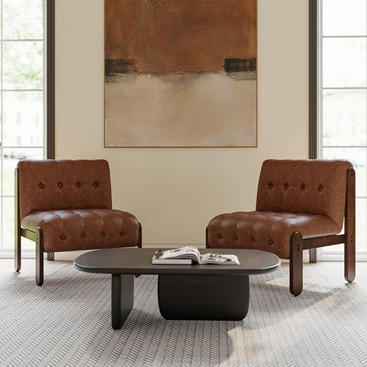 Modern Armless Accent Chair Set of 2 for Living Room, Brown PU Leather Button Tufted Upholstered Lounge Reading Chair with Walnut Wood Frame
