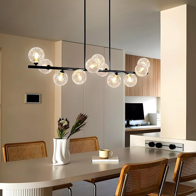 Linear Chandeliers for Dining Room, 51" Dining Room Light Fixture with Clear Swirled Glass Globe 11 Lights Black Sputnik Chandelier Bubble Large Chandelier Modern Farmhouse Island Light