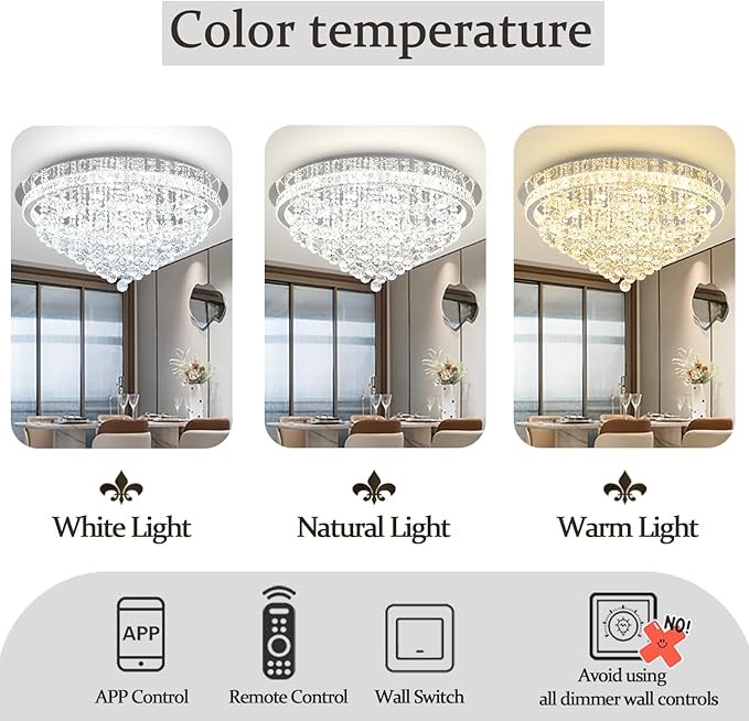 Dia 32" Modern Crystal Chandeliers for Living Room LED Dimmable Raindrop Chandelier Silver Ceiling Pendant Light with Remote Flush Mount Crystal Ceiling Light for Dining Room Bedrooms Foyer