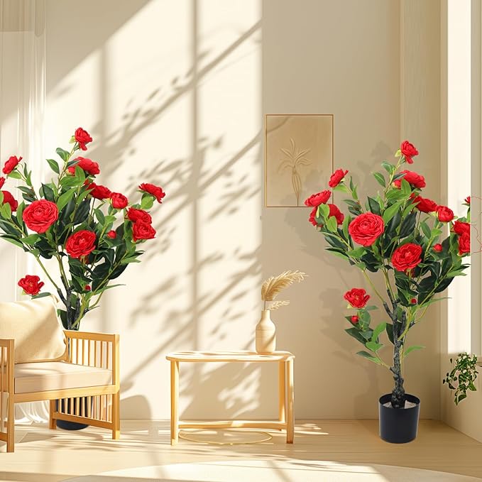 2 Pack Artificial Camellia Tree, 36" Red Faux Camellia Plant, Fake Indoor Outdoor Tree for Home, Office, Porch, Living Room, Red