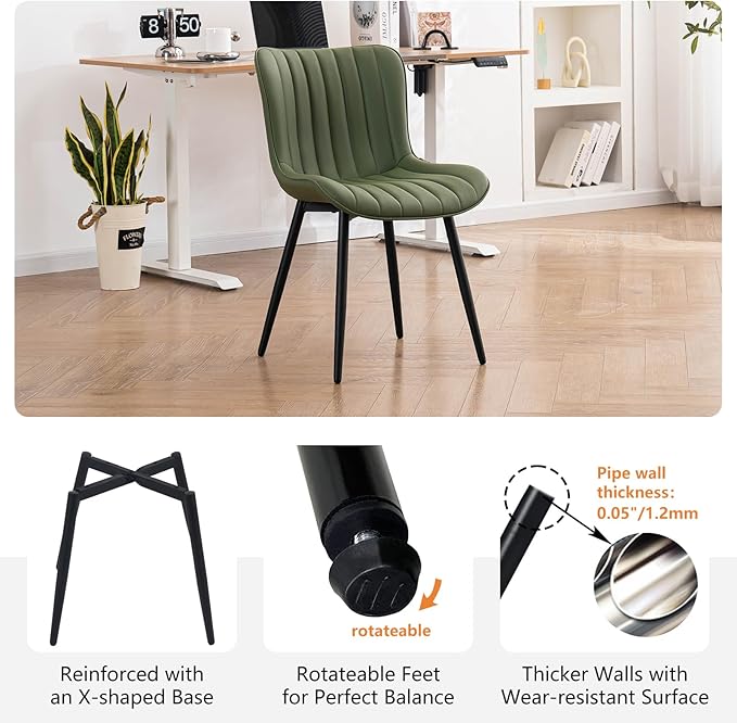 YOUNUOKE Green Dining Chairs Set of 2 Mid-Century Modern Kitchen Dining Room Chairs Armless Faux Leather Upholstered Accent Side Dinner Chair with Padded Back Metal Legs, Olive