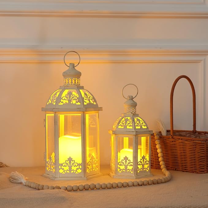 Lanterns Decorative Outdoor&Indoor, Set of 2 (15"&11") Beige Metal Lantern Decor with Glass, Candle Holder for Porch, Patio, Garden, Fall, Wedding, Christmas, Table Centerpiece