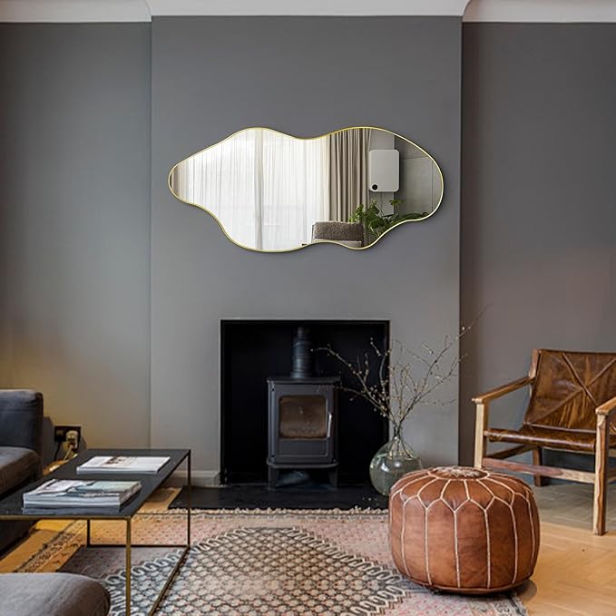 Irregular Wall Mirror, Gold Asymmetrical Mirrors, 47.2"x21.6" Large Wavy Shaped Mirror, Modern Frameless Decorative Mirrors for Living Room Bathroom Bedroom Hallway Entryway Fireplace