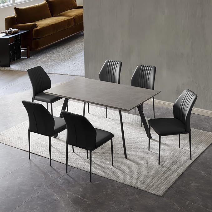 ZckyCine 59" Modern Dining Table Set for 6 Kitchen Dining Room Table Set Extendable Wood Dining Table and 6 Upholstered Chairs, Home Kitchen Furniture