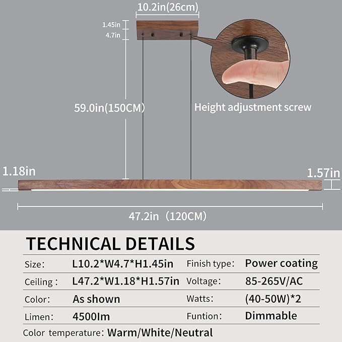 Linear Pendant Light, Modern Chandeliers for Dining Room, Dimmable Pool Table Island Lights for Kitchen, LED Ceiling Pendant Lamp for Dining Room Billiard Room, Adjustable Height,47in