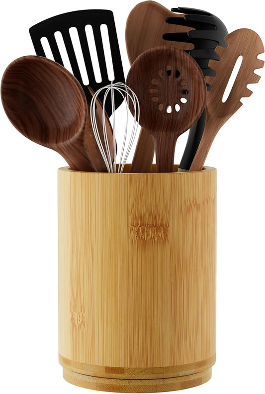 Bamboo Utensil Holder, Kitchen Utensil Holder for Countertop, 360°Rotating Cooking Utensil Crock for Kitchen Counter, 7.2" Large Utensil Organizer for Spatula