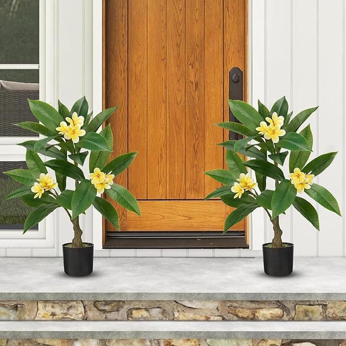 Briful Artificial Plants Indoor 26.77'' Fake Tropical Plumeria Flowers Tree Plants in Black Pot, Hawaiian Yellow Plumeria Faux Frangipani Tree Floor Plant for Home Office Wedding Decor