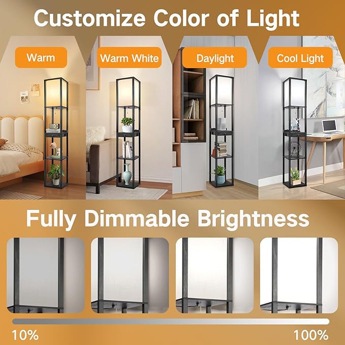 OUTON Floor Lamp with Shelves & Drawer, LED Dimmable Floor Lamp with Remote & App & Voice Control, Charging Station, Color Changing, Storage Display Wood Standing Lamp for Living Room, Bedroom Office