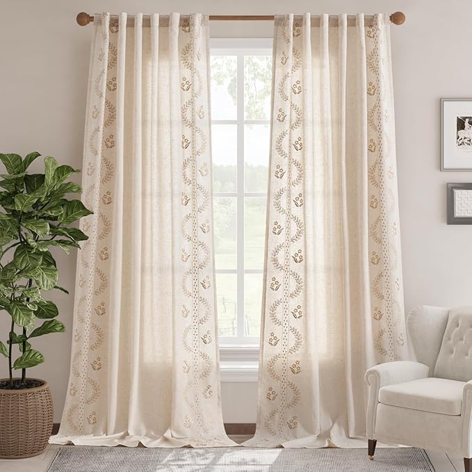 jinchan Belrose Linen Curtains for Bedroom Floral Curtains 108 Inch Length Linen Blend Beige Embroidered Drapes Farmhouse Flower Patterned Drapes for Living Room Window Treatments Set 2 Panels
