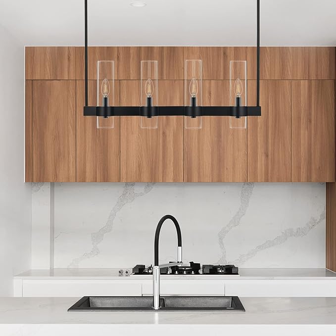 Linea di Liara Teramo Black Kitchen Island Lighting - Modern Farmhouse Rectangle Dining Room Light Fixtures - 30 inch 4 Light Linear Chandelie