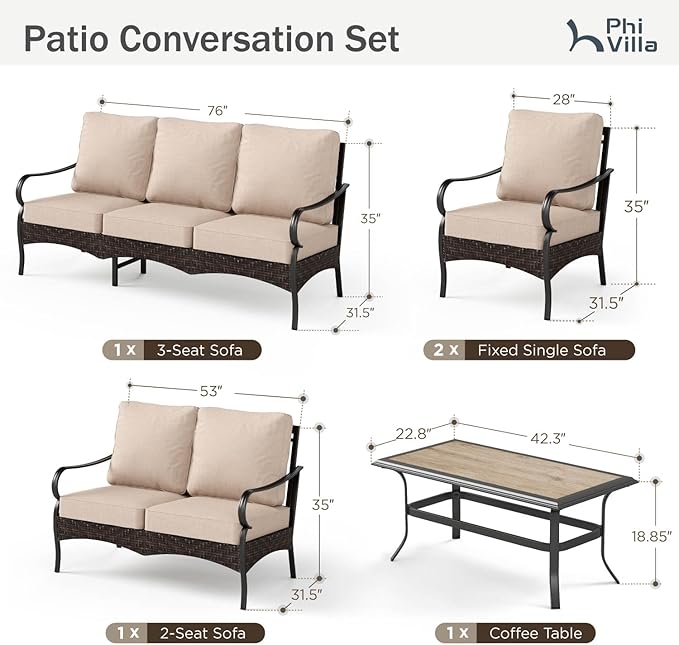 PHI VILLA Outdoor Modern Patio Furniture Set, Upgraded Wicker&Metal Patio Furniture Conversation Set with Waterproof Thick Cushions for Porch, Poolside, Deck, and Yard (5 Pieces,Beige)