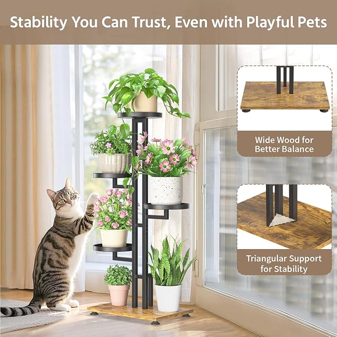 LASZOLA Black 4 Tiered Plant Stand Indoors Heavy Duty Metal Rack, Sturdy Multi Level Shleving Hold Flowers, Larger House Decorate Ladder for Planting Inside Tree Herb Cactus, Wooden Base, Space Saving