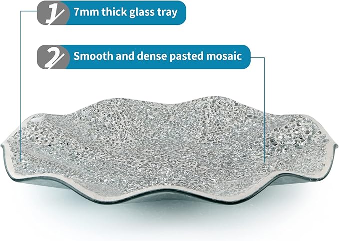 MDLUU Mosaic Centerpiece Tray, 11.6" Decorative Glass Plate, Home Decor Glass Bowl for Dining Room Table, Coffee Table, Gift (Silver)