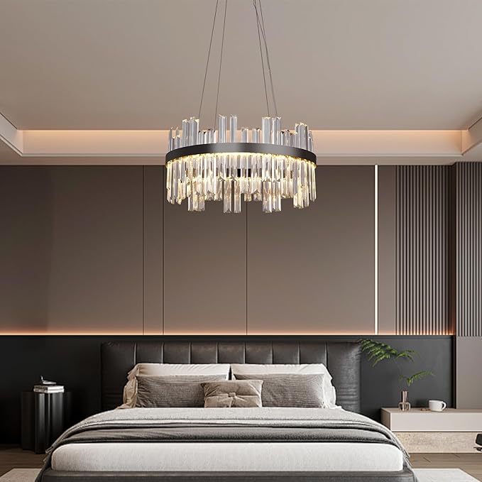 Black Led Modern Crystal Chandelier: 19.7" Round Contemporary 3 Color Dimmable Dining Room Light Fixture over Table - Adjustable Lighting Chandeliers for Bedroom Living Kitchen Island Entryway Foyer