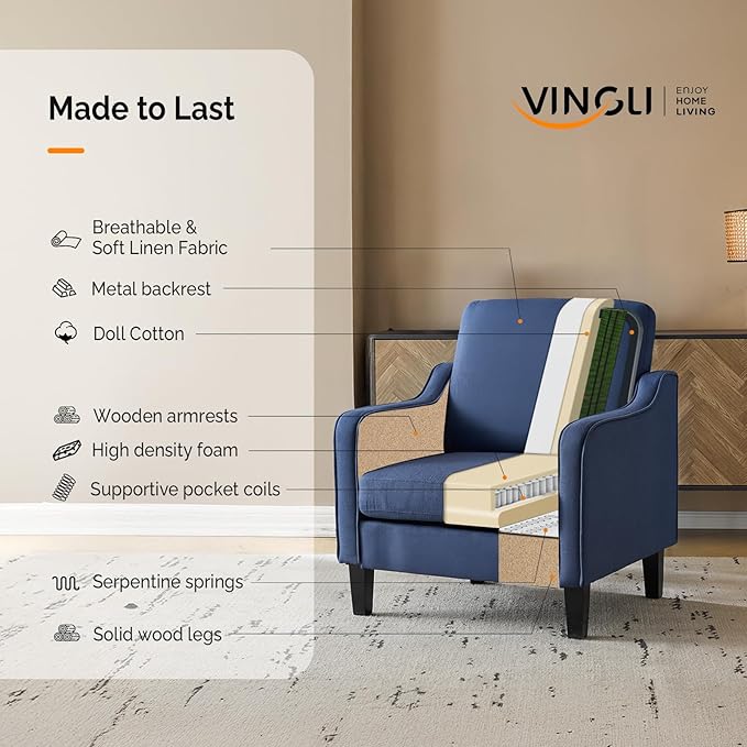 VINGLI Mid Century Modern Accent Chair, Navy Blue Fabric Accent Chairs for Living Room, Upholstered Armchair with Scooped Arms for Bedroom, Apartment, Studio, Office, Waiting Room