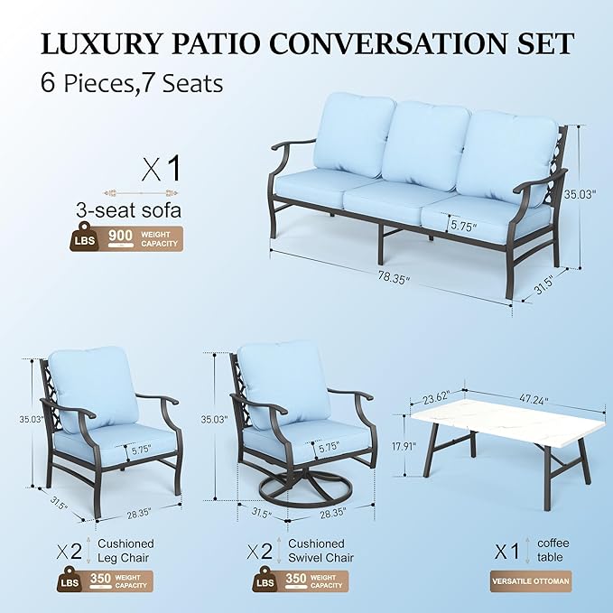 HERA'S HOUSE 6 Piece Patio Furniture Set, 2 x Swivel Chair, 2 x Fixed Chair, 1 x 3-Seat Sofa with Marbling Coffee Table, All Weather Outdoor Conversation Set for Lawn Garden Backyard, Blue