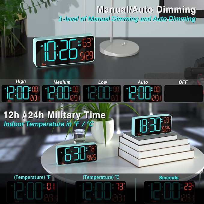 KOSUMOSU Alarm Clock for Bedroom, 6.7in Small Digital Clock, Auto Dimming, Room Temperature, Day of The Week, Date, Alarm Clocks for Living Room, Desk Clocks
