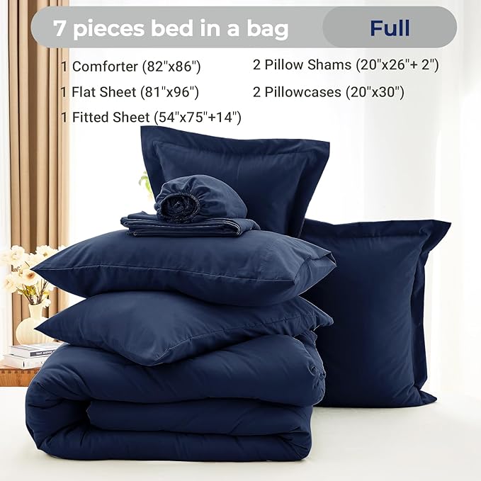 MUXHOMO 7 Pieces Full Comforter Set, Soft Bed in a Bag Full Size, All Season Bedding Set with Comforter, Flat Sheet, Fitted Sheet, Pillowcases & Shams, Navy Blue
