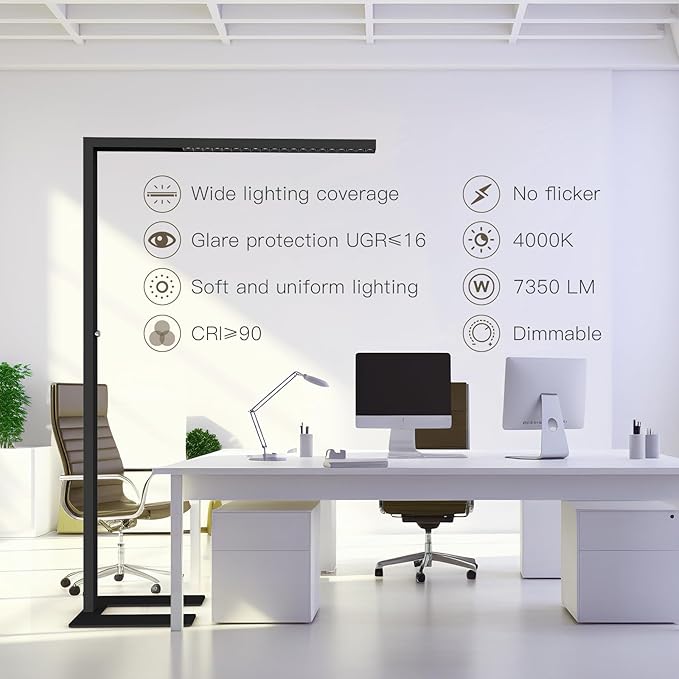 STERREN 77" LED Floor Lamp, 7350LM Dimmable Eye-Care Standing Piano Lamp, 70W Modern Tall Reading Light Bright Lighting for Office Living Room Bedroom, 4000K Natural Daylight - Black