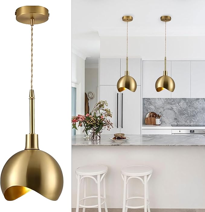 KCO Lighting Modern Gold Pendant Light Fixture Mini Brushed Brass Farmhouse Pendant Lighting Kitchen Island Hallway Foyer Mid Century Vintage Industrial Hanging Ceiling Lamp