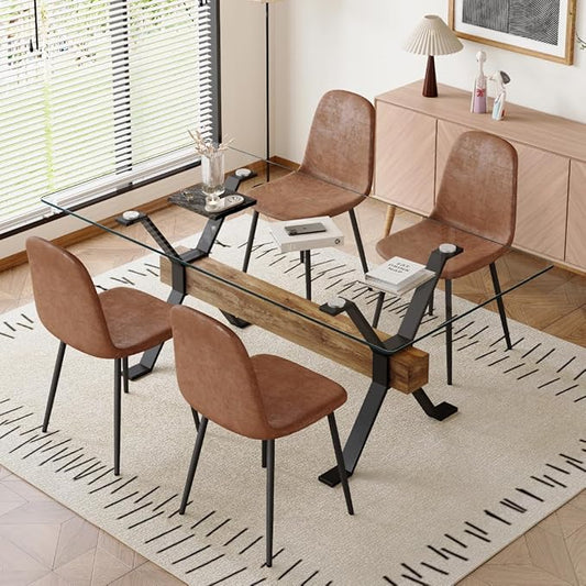 5 Piece Glass Dining Table Set, Kitchen Table Chairs Set for 4, 71'' Dining Table with 0.4" Tempered Glass Tabletop with Plated Metal Legs and MDF Crossbar, 4 Suede Chairs for Dining Room, Kitchen.