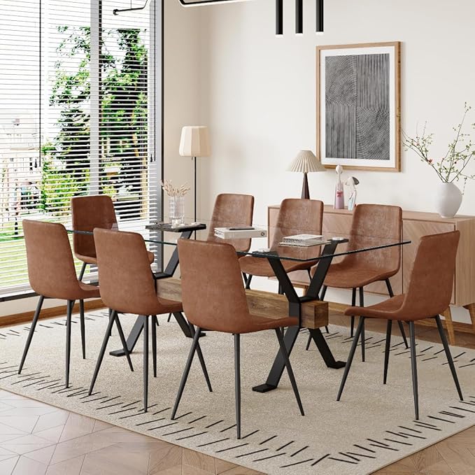 9 Piece Glass Dining Table Set, Kitchen Table Chairs Set for 8, 71'' Dining Table with 0.4" Tempered Glass Tabletop with Plated Metal Legs and MDF Crossbar, 8 Suede Chairs for Dining Room, Kitchen.