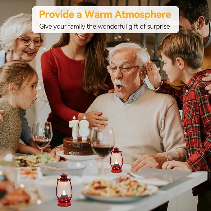 Mini Lanterns,12Pcs Red Lantern Decorative with Flickering LED Candle, Retro Small Hanging Lanterns, Christmas Table Centerpiece, Indoor Halloween Xmas Decorations, Camping Party Decor