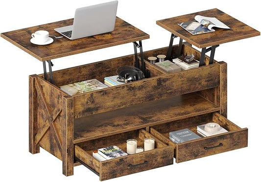 Seventable Coffee Table, 47.2" Lift Top Coffee Table with 2 Storage Drawers and Hidden Compartment, Farmhouse Center Table with Wooden Lift Tabletop, for Living Room,Rustic Brown