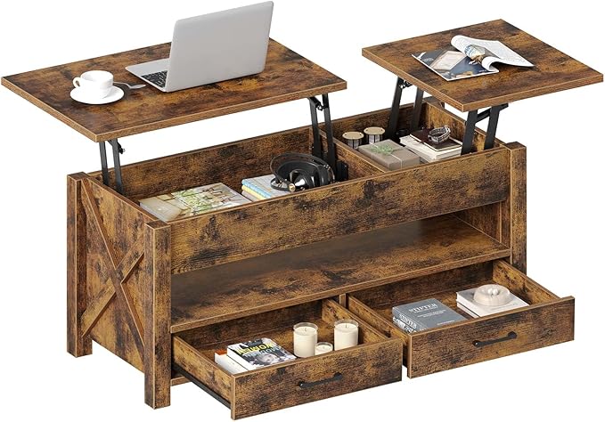 Seventable Coffee Table, 39.3" Lift Top Coffee Table with 2 Storage Drawers and Hidden Compartment, Farmhouse Center Table with Wooden Lift Tabletop, for Living Room,Rustic Brown