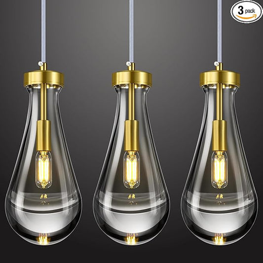 Raindrop Pendant Lights Kitchen Island Set of 3 Teardrop Gold Hanging Light Fixtures Clear Solid Glass Pendant Light Modern Chandeliers for Dining Room Porch Corridor Living Room…
