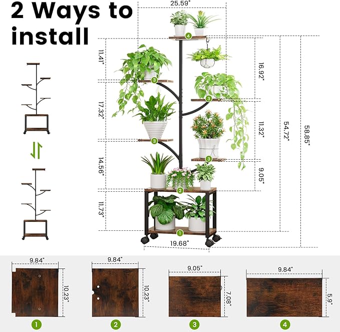 Plant Stand Indoor with Grow Lights & Wheels, 60" Tall 7-Tiered Mobile Corner Plant Shelf for Indoor Plants, Metal Tree-Shaped Plant Rack for Living Room, Patio, Balcony, Black