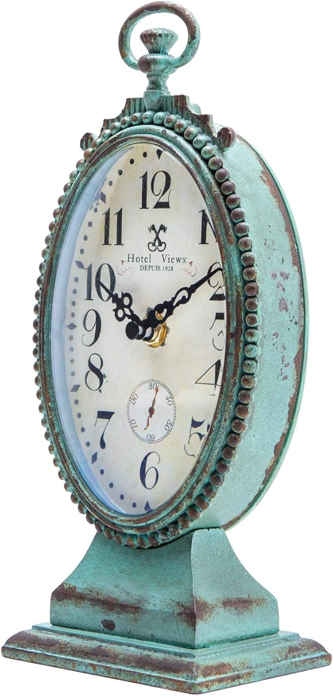 NIKKY HOME Vintage Table Clock - Battery Operated Rustic Distressed Style - Shabby Chic Home Decor for Fireplace Mantel, Shelf, Desktop, Countertop - Green