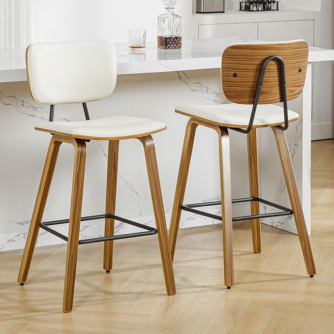 Counter Height Bar Stools Set of 2, PU Leather Upholstered Barstools with Backs, Bent Wood Legs, 26 Inch Seat Height, Mid Century Modern Counter Stools for Kitchen Island, Cream White