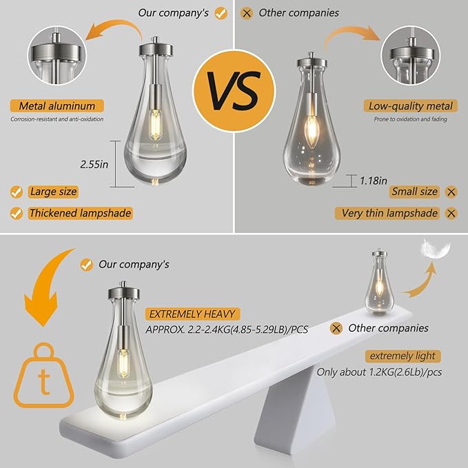 Raindrop Pendant Lights Kitchen Island Teardrop Nickel Hanging Light Fixtures Clear Solid Glass Pendant Light Modern Chandeliers for Dining Room Porch Corridor Living Room(2-Pack)