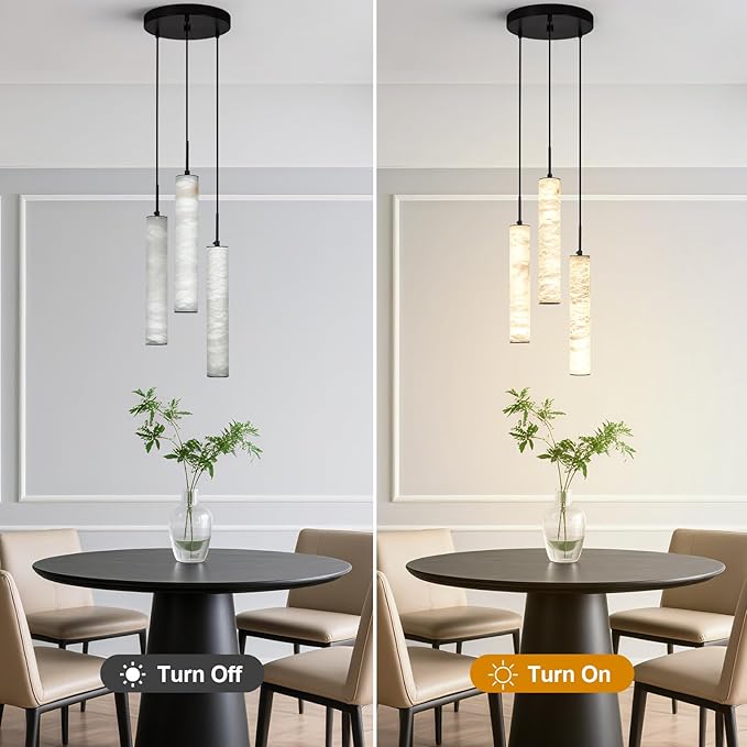 LMQNINE Natural Alabaster Pendant Lights for Kitchen Island White Marble Long Tube Chandelier Modern Black Ceiling Light Fixtures for Bedroom Dining Room Table Living Room Hallway(M-3Light)