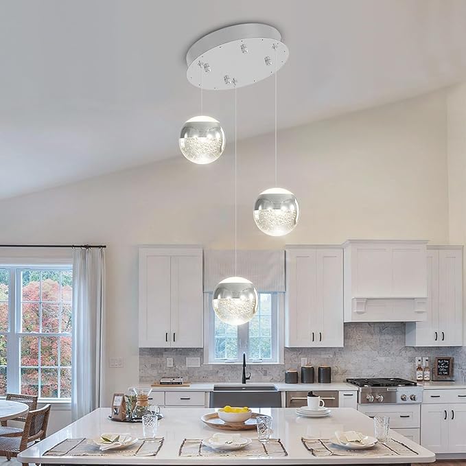 Modern Crystal Pendant Lighting Silver Globe Pendant Light Fixture, Mid Century Chandelier 3-Light Hanging Fixture for Kitchen Island,Globe Chandeliers for Dinning Room Bedroom