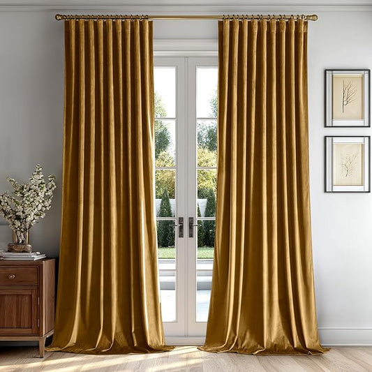MIULEE Gold Velvet Curtains 108 inches 2 Panels - Luxury Room Darkening Window Drapes for Bedroom Living Room Thermal Insulated Super Soft Blackout Extra Long, Back Tab Rod Pocket Pinch Pleated