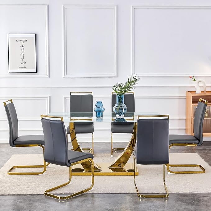 63” Glass Dining Table Set for 6,Gold Dining Room Table Set for 6,Modern Kitchen Table and PU Leather Chairs for 6, Dinner Table with Rectangle Tempered Glass Top and Golden Base