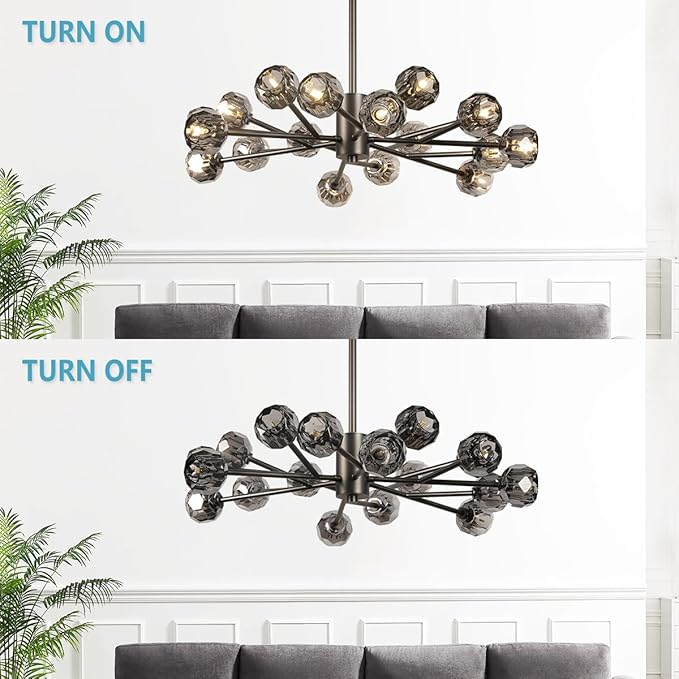 Modern Crystal Chandelier, 35.4" Black Sputnik Chandelier for Dining Room, 18 Lights Smoke Crystal Ceiling Lighting Fixture for Living Room Bedroom