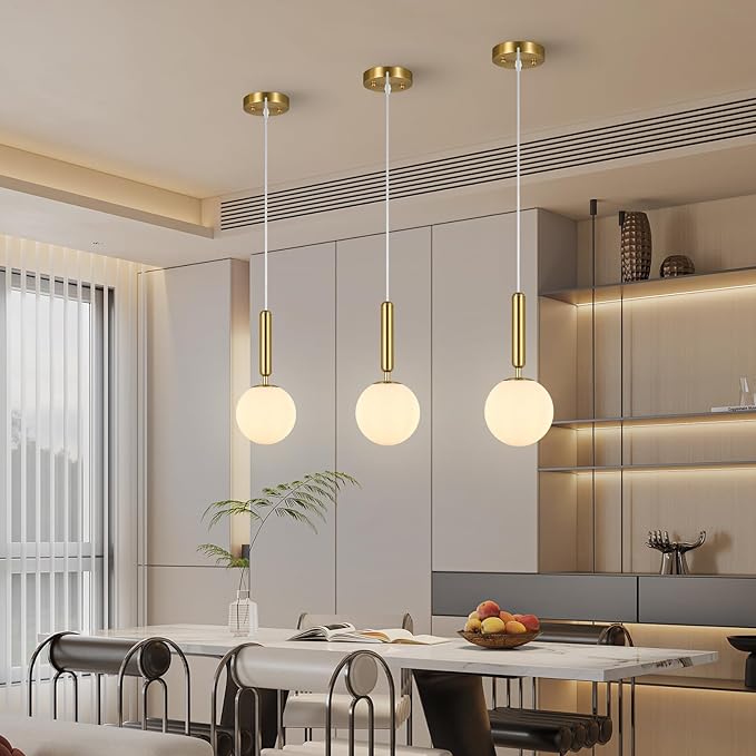 Modern Hanging Light Fixture Pendant Lighting for Kitchen Island Mid Century Gold Pendant Lights with Globe Milky White Glass Pendant Light for Bedroom Bathroom Entryway (1 Pack)